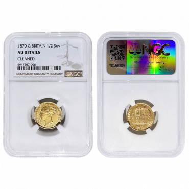 1870 Half Sovereign London Mint, Marsh 445a, (Obverse 2, Course Beading No Dot) Listed as R4 in Marsh, NGC AU Details