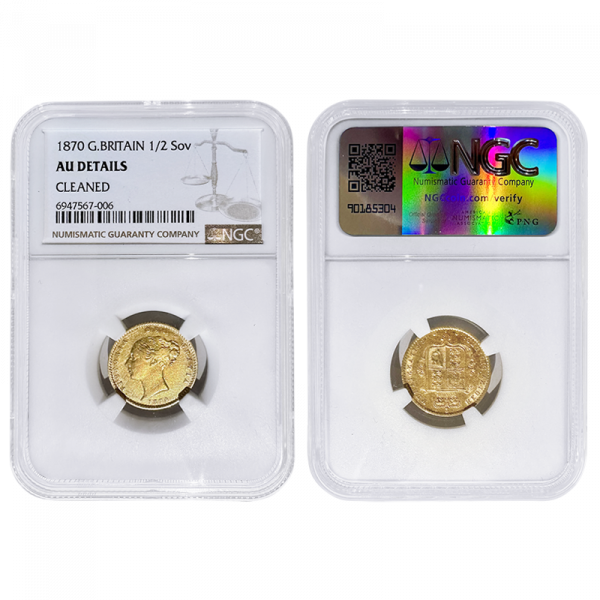1870 Half Sovereign London Mint, Marsh 445a, (Obverse 2, Course Beading No Dot) Listed as R4 in Marsh, NGC AU Details