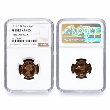 1953 Proof Farthing NGC PF65 Red Cameo Freemans 662a