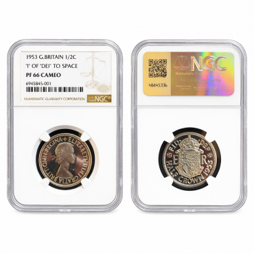 1953 Proof Half Crown NGC PF66 Cameo “I” of “DEI” to Space Davies 2310