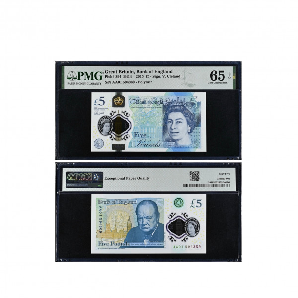 2015 Britain’s First Polymer £5 banknote featuring Winston Churchill - Serial AA01 - 65 GEM Uncirculated