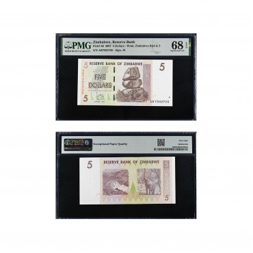 Zimbabwe 2007 (issued 2008)  –  $5 | Pick 66 PMG 68 EPQ Superb Gem Mint 