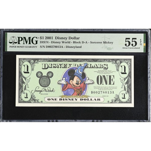 2001 $1 Disney Dollar Sorcerer Mickey – Disneyland Issue – PMG 55 EPQ - DIS74