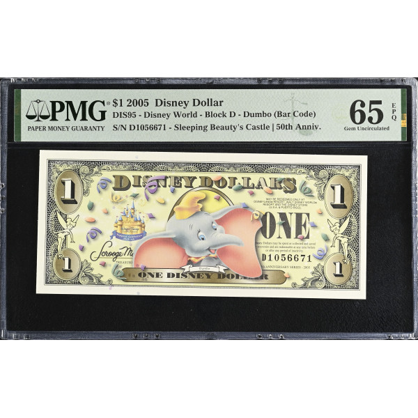2005 Disney Dollar $1 Dumbo - PMG 65 EPQ - Disneyland 50th Anniversary - DIS95