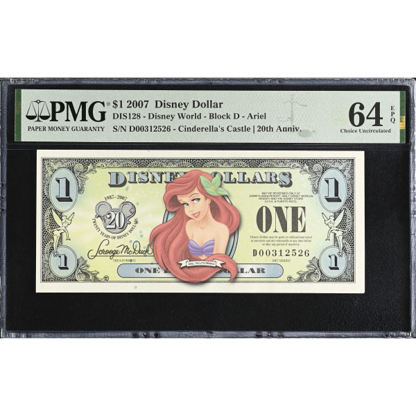 2007 Disney Dollar $1-  Ariel (Block D) - PMG 64 EPQ - 20th Anniversary Issue - DIS128