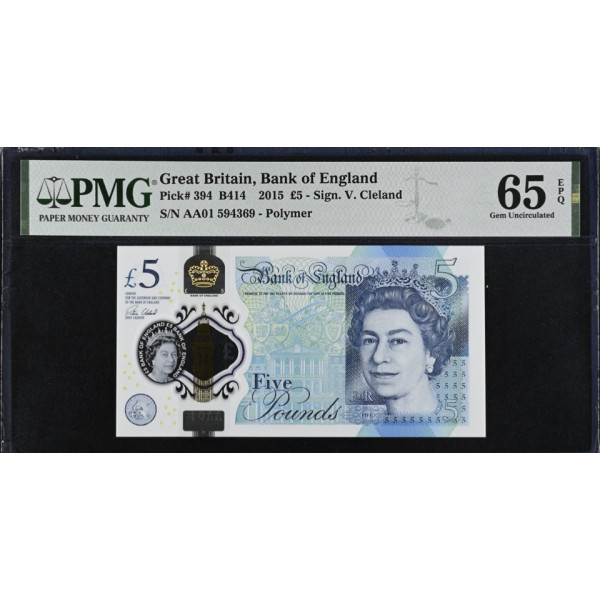 2015 Britain’s First Polymer £5 banknote featuring Winston Churchill - Serial AA01 - 65 GEM Uncirculated