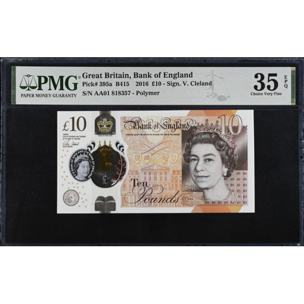 2016 Great Britain “First Polymer” £10 Banknote (Jane Austen) – Pick 395a – PMG 35 Choice Very Fine – AA01 Prefix