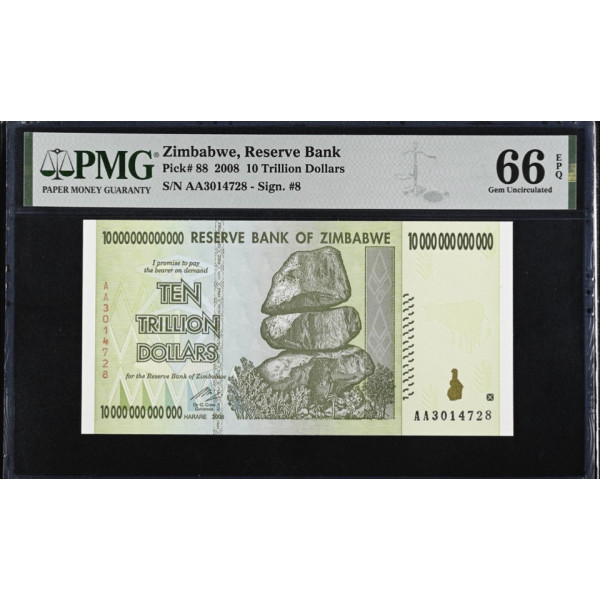Zimbabwe – Reserve Bank of Zimbabwe – 10 Trillion Dollars (2008) | Pick 88 PMG 66 Gem Mint