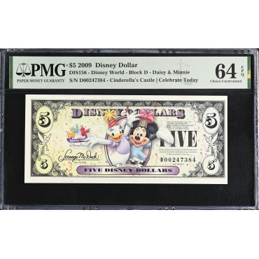 2009 Disney Dollar $5 PMG 64 EPQ Block D Daisy & Minnie Cinderella’s Castle – Rare Birthday Party Issue