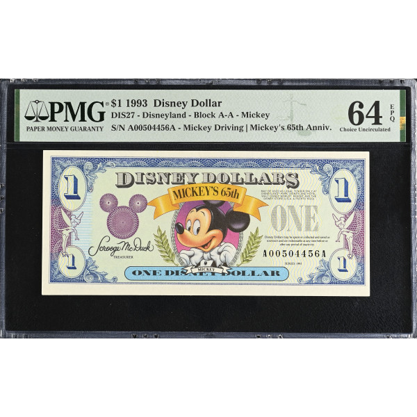 1993 Disney Dollar – Mickey’s 65th Anniversary – PMG 64 EPQ – Disneyland DIS27