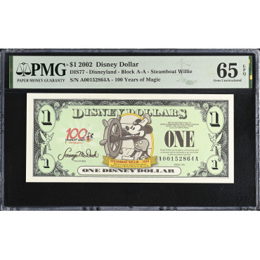 2002 $1 Disney Dollar Steamboat Willie 100 Years of Magic PMG 65 EPQ Disneyland A-A Block Mickey Note